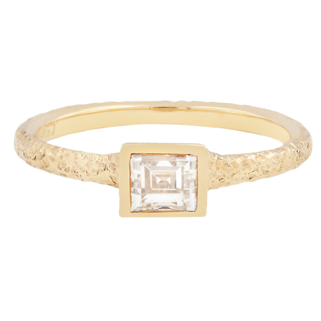 Antique Carre Cut Diamond Solitaire in 18k yellow gold by Erin Cuff Jewelry.