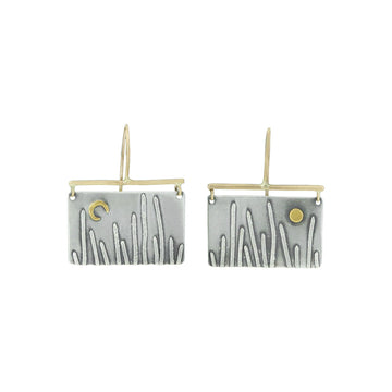 Mixed metal dangle earrings with desert moonrise motif by Erin Cuff Jewelry.